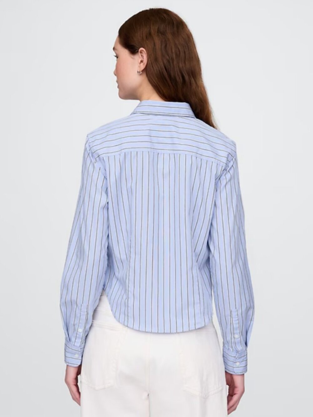 NEW with tags Gap Women's Cotton Fitted Crop Blue Shirt Black White Stripe M - Picture 2 of 9